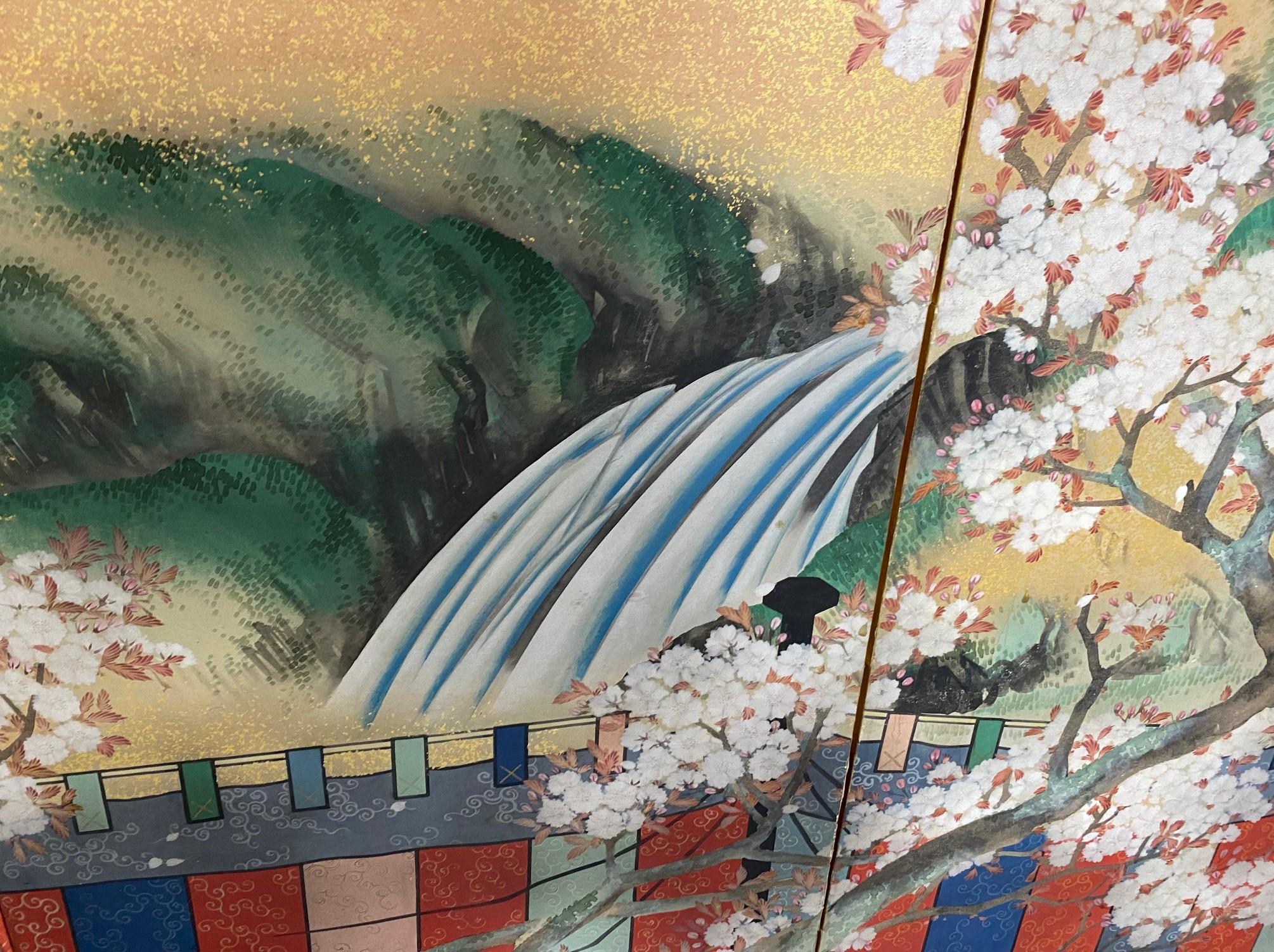 Japanese Asian Signed Six-Panel Folding Byobu Screen Cherry Blossom Pavillion 8