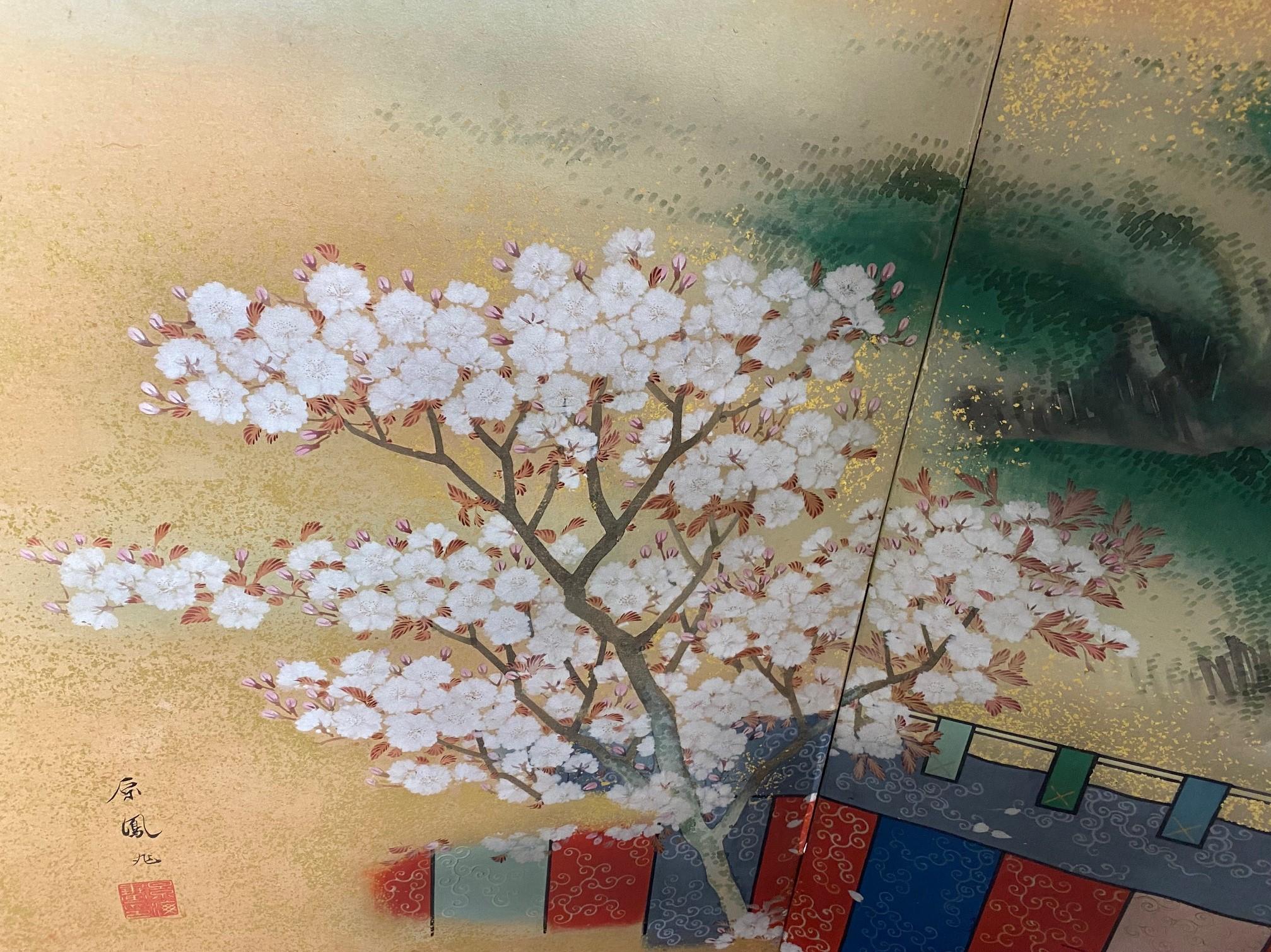 Japanese Asian Signed Six-Panel Folding Byobu Screen Cherry Blossom Pavillion 9