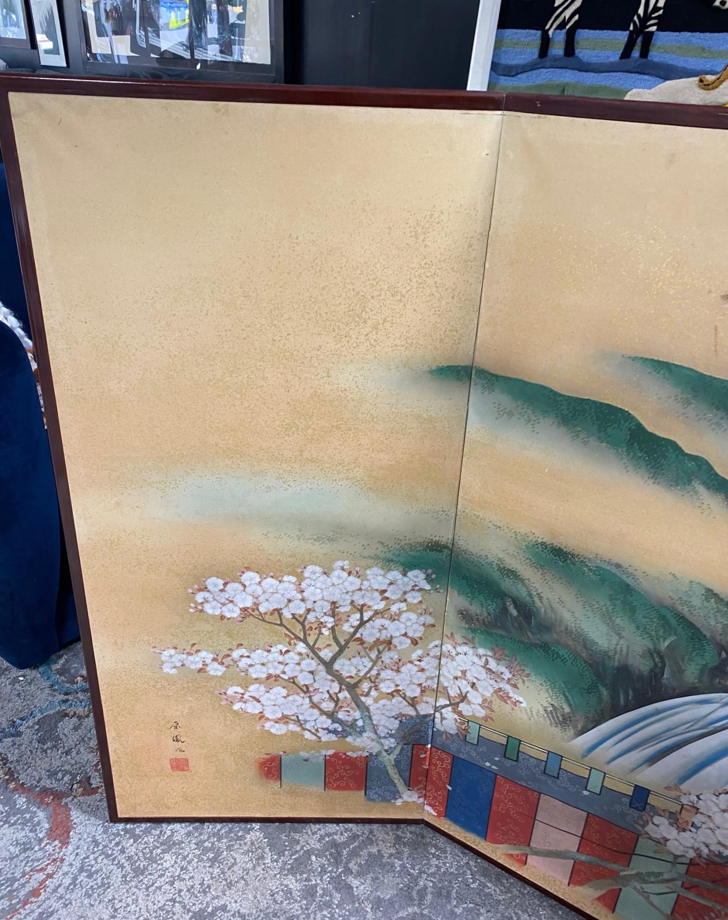 Showa Japanese Asian Signed Six-Panel Folding Byobu Screen Cherry Blossom Pavillion