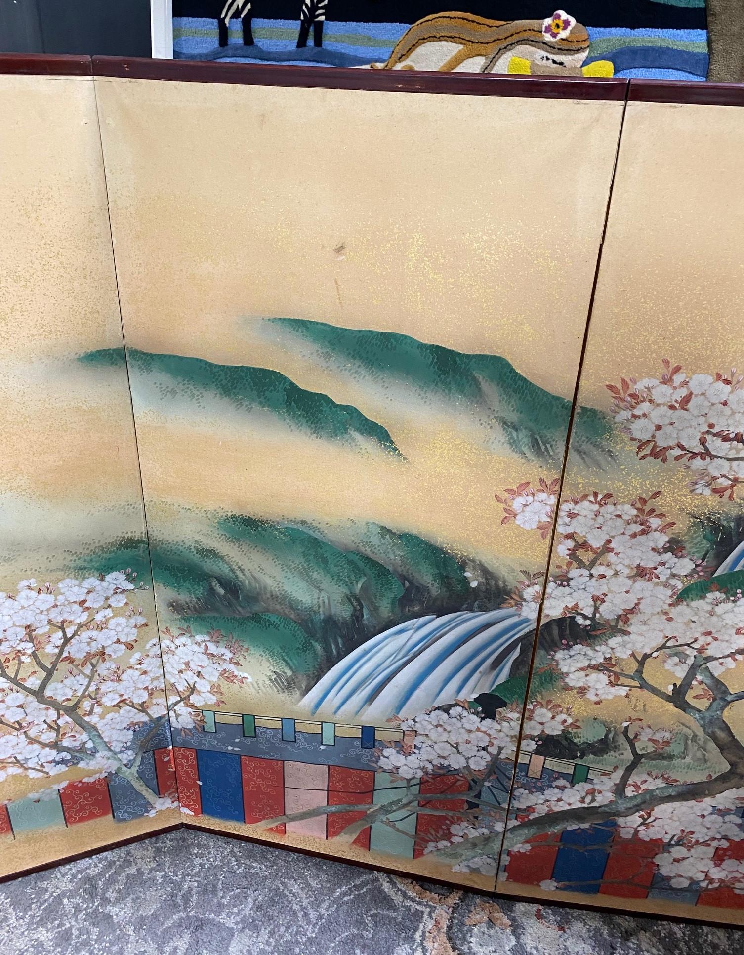 Hand-Painted Japanese Asian Signed Six-Panel Folding Byobu Screen Cherry Blossom Pavillion