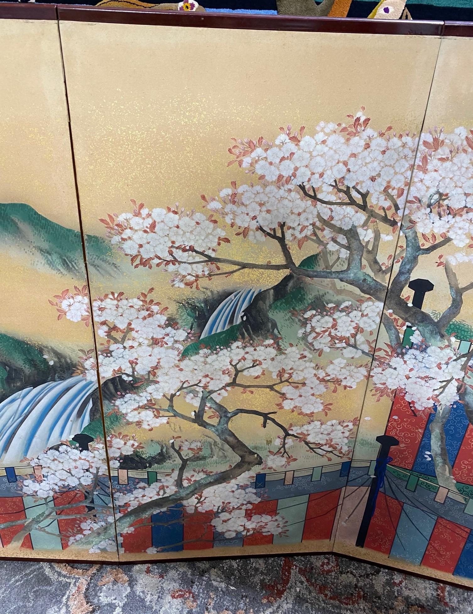 Japanese Asian Signed Six-Panel Folding Byobu Screen Cherry Blossom Pavillion In Good Condition In Studio City, CA
