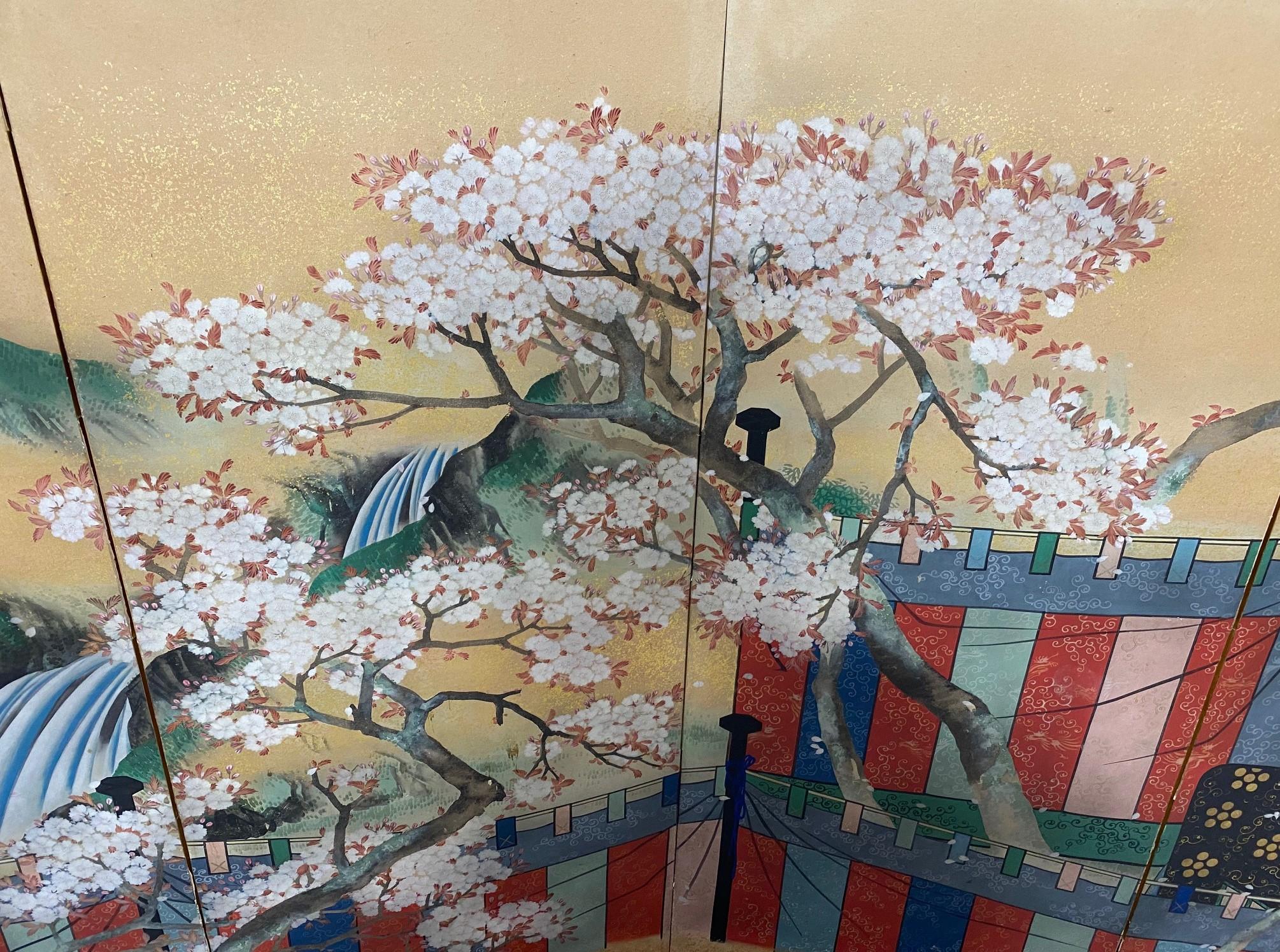 20th Century Japanese Asian Signed Six-Panel Folding Byobu Screen Cherry Blossom Pavillion