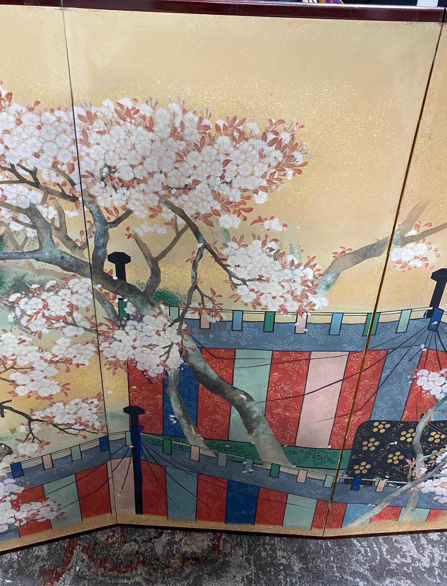 Paint Japanese Asian Signed Six-Panel Folding Byobu Screen Cherry Blossom Pavillion