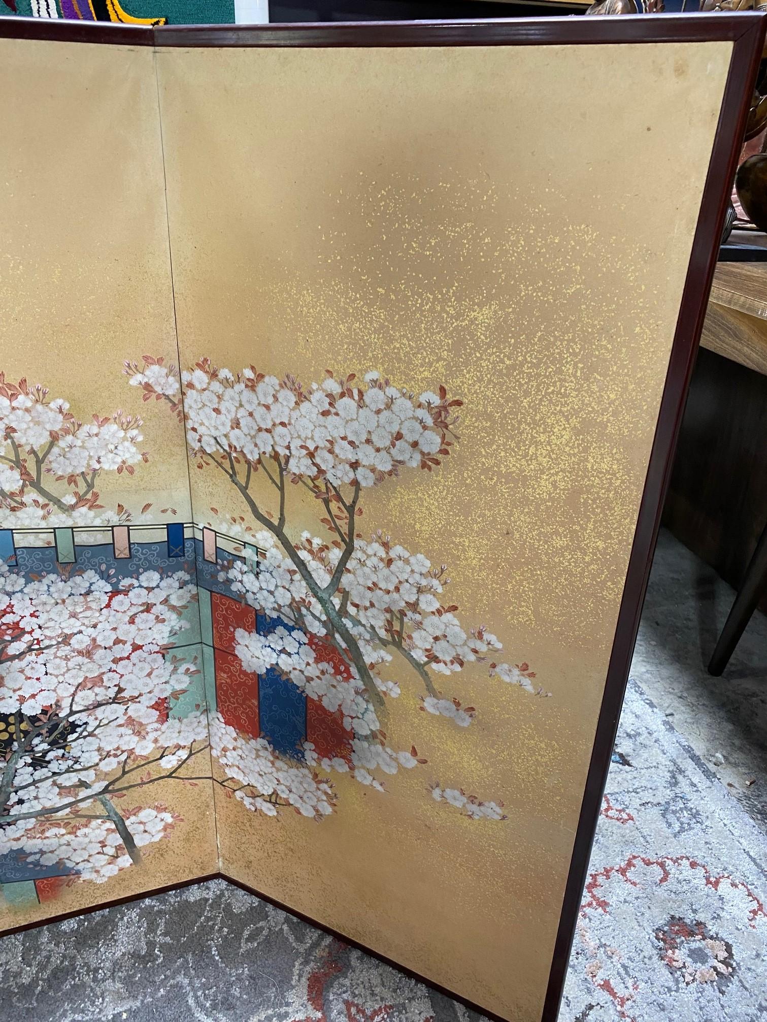 Japanese Asian Signed Six-Panel Folding Byobu Screen Cherry Blossom Pavillion 2