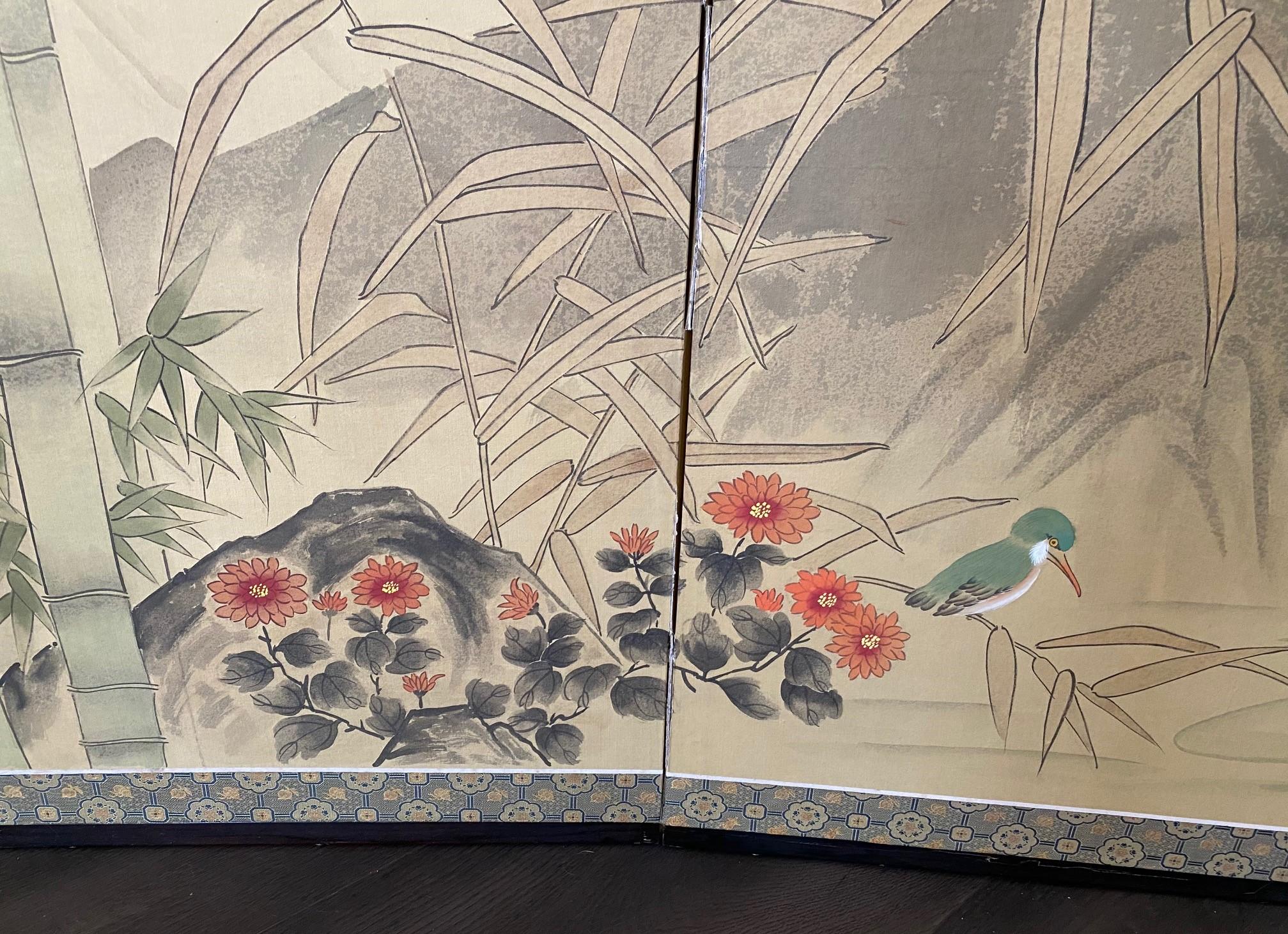 Japanese Asian Signed Six-Panel Folding Byobu Screen Nature Trees Playful Birds 1