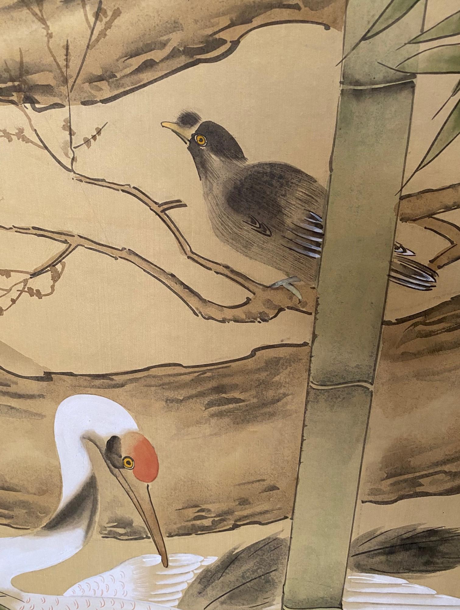 Japanese Asian Signed Six-Panel Folding Byobu Screen Nature Trees Playful Birds 2