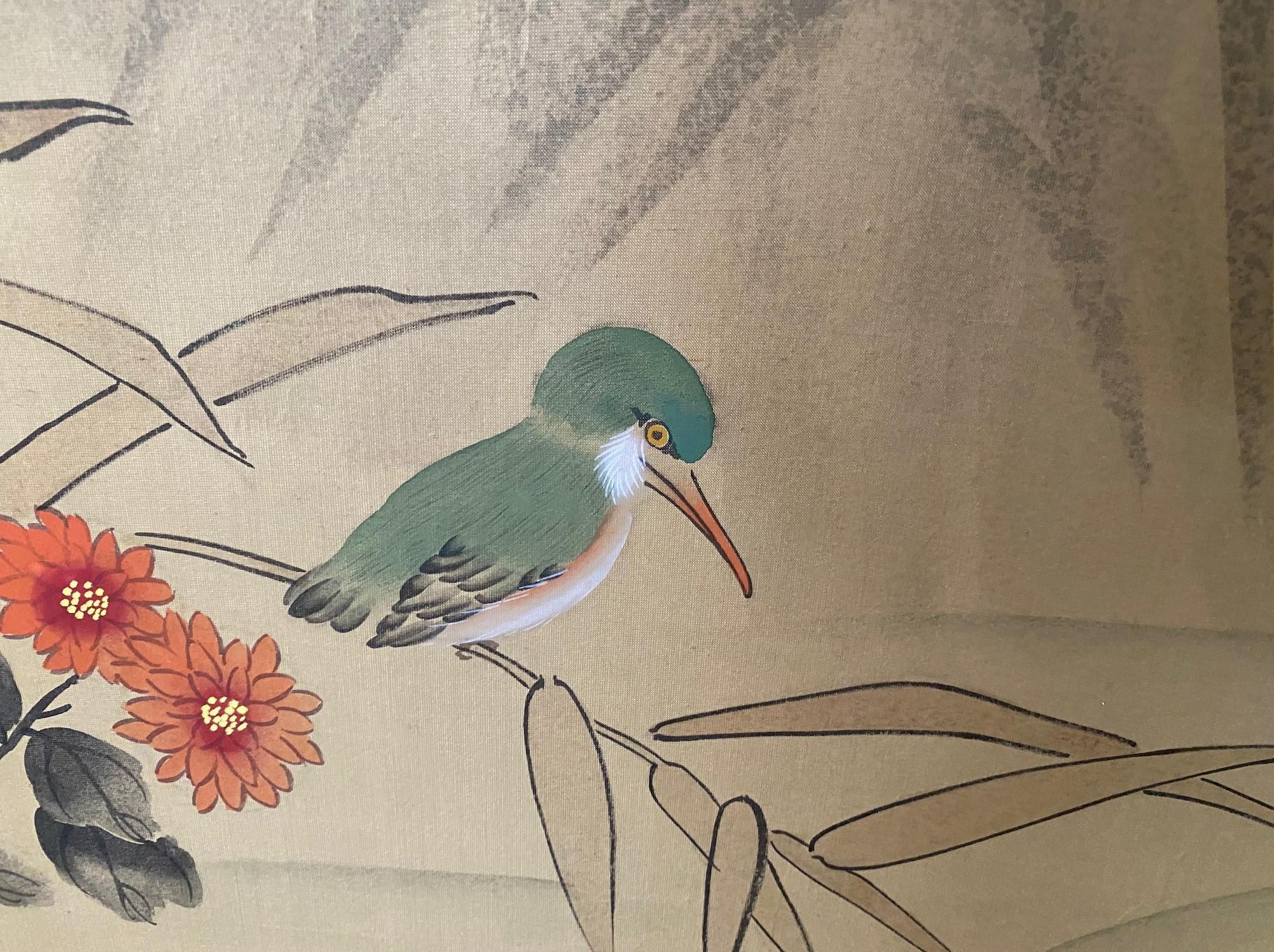 Japanese Asian Signed Six-Panel Folding Byobu Screen Nature Trees Playful Birds 3