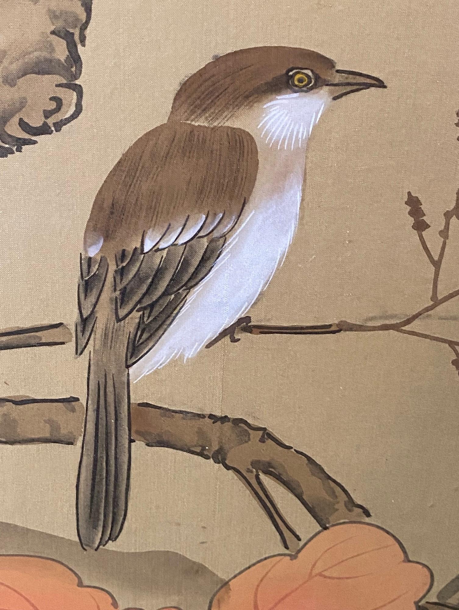 Japanese Asian Signed Six-Panel Folding Byobu Screen Nature Trees Playful Birds 6