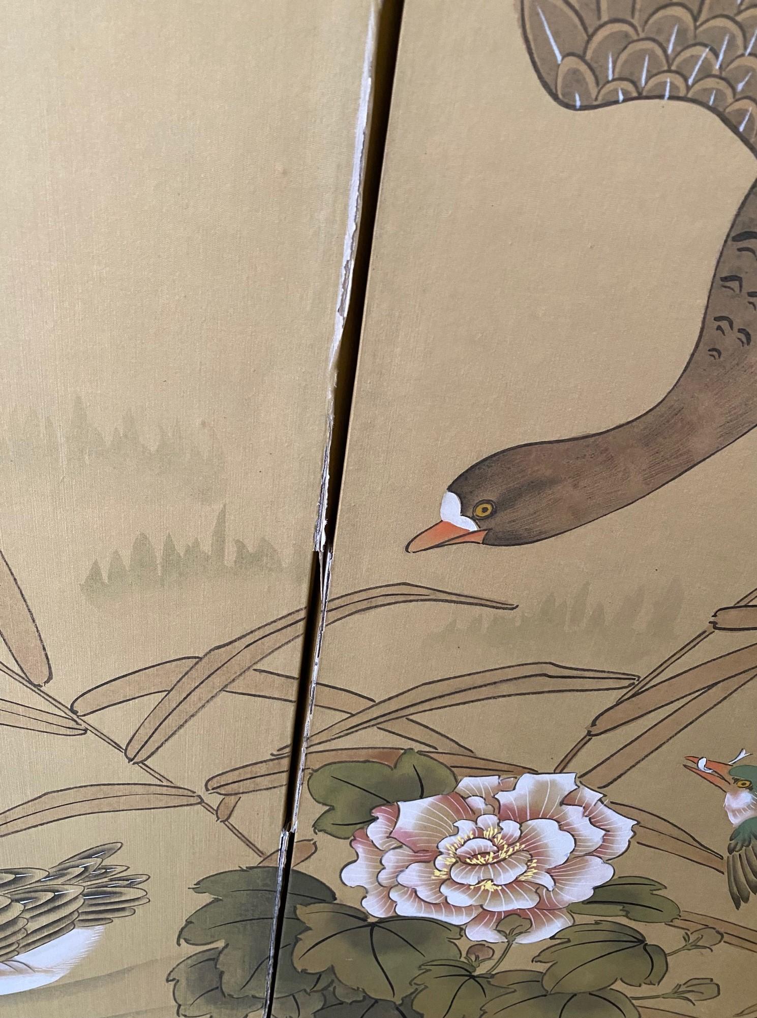 Japanese Asian Signed Six-Panel Folding Byobu Screen Nature Trees Playful Birds 7