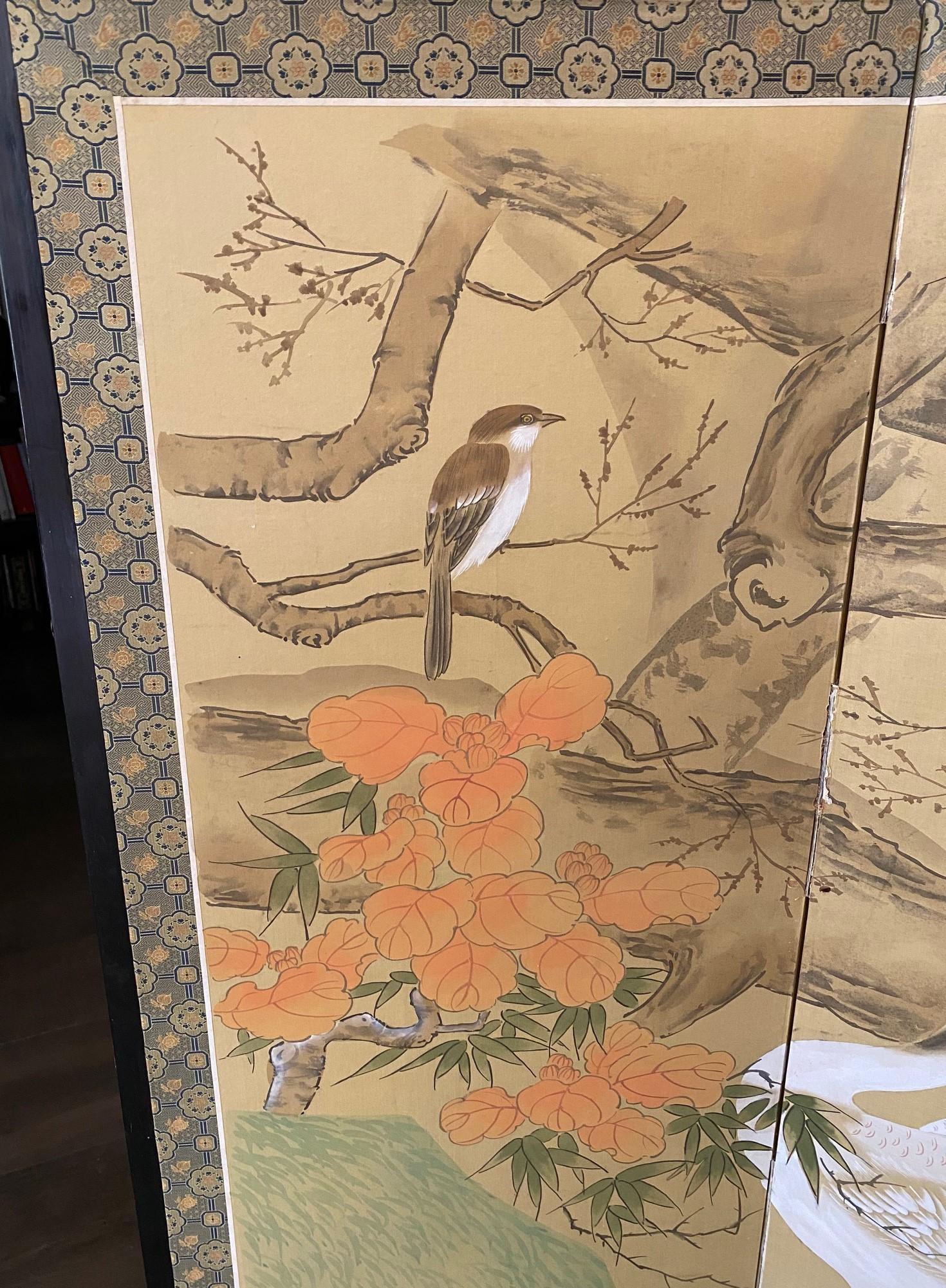 Showa Japanese Asian Signed Six-Panel Folding Byobu Screen Nature Trees Playful Birds