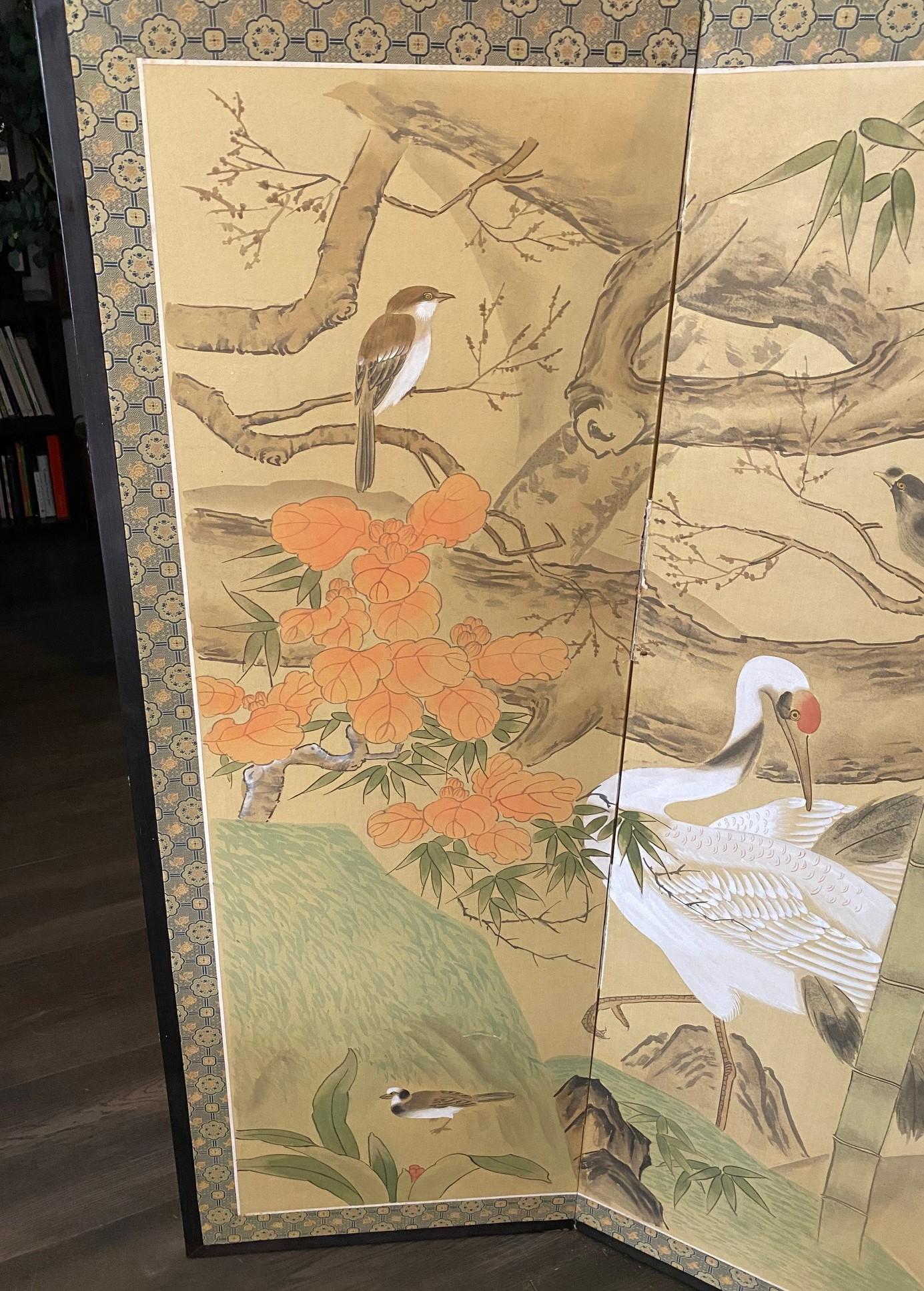 Hand-Painted Japanese Asian Signed Six-Panel Folding Byobu Screen Nature Trees Playful Birds