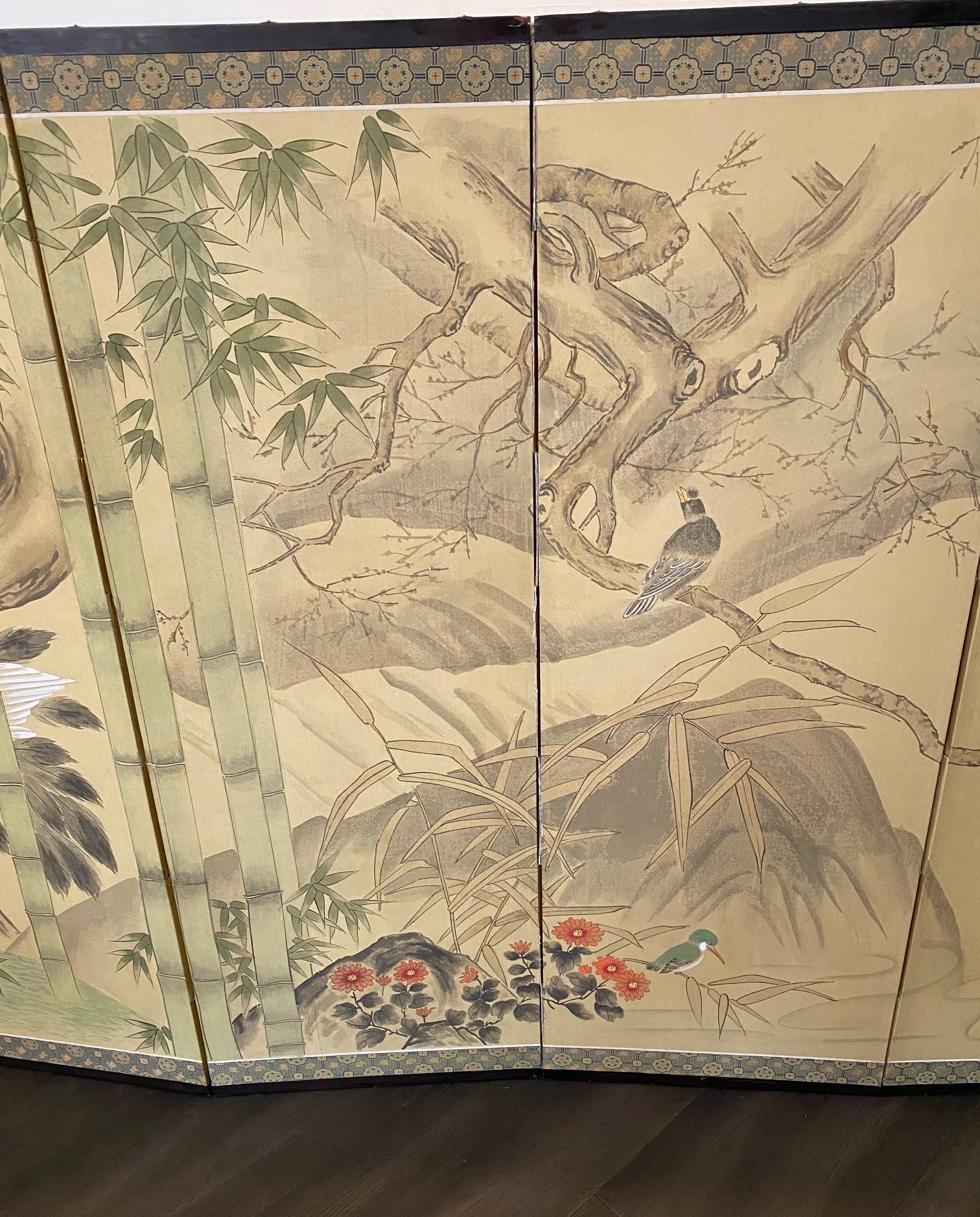 Japanese Asian Signed Six-Panel Folding Byobu Screen Nature Trees Playful Birds In Good Condition In Studio City, CA