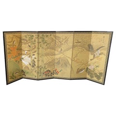 Japanese Asian Signed Six-Panel Folding Byobu Screen Nature Trees Playful Birds