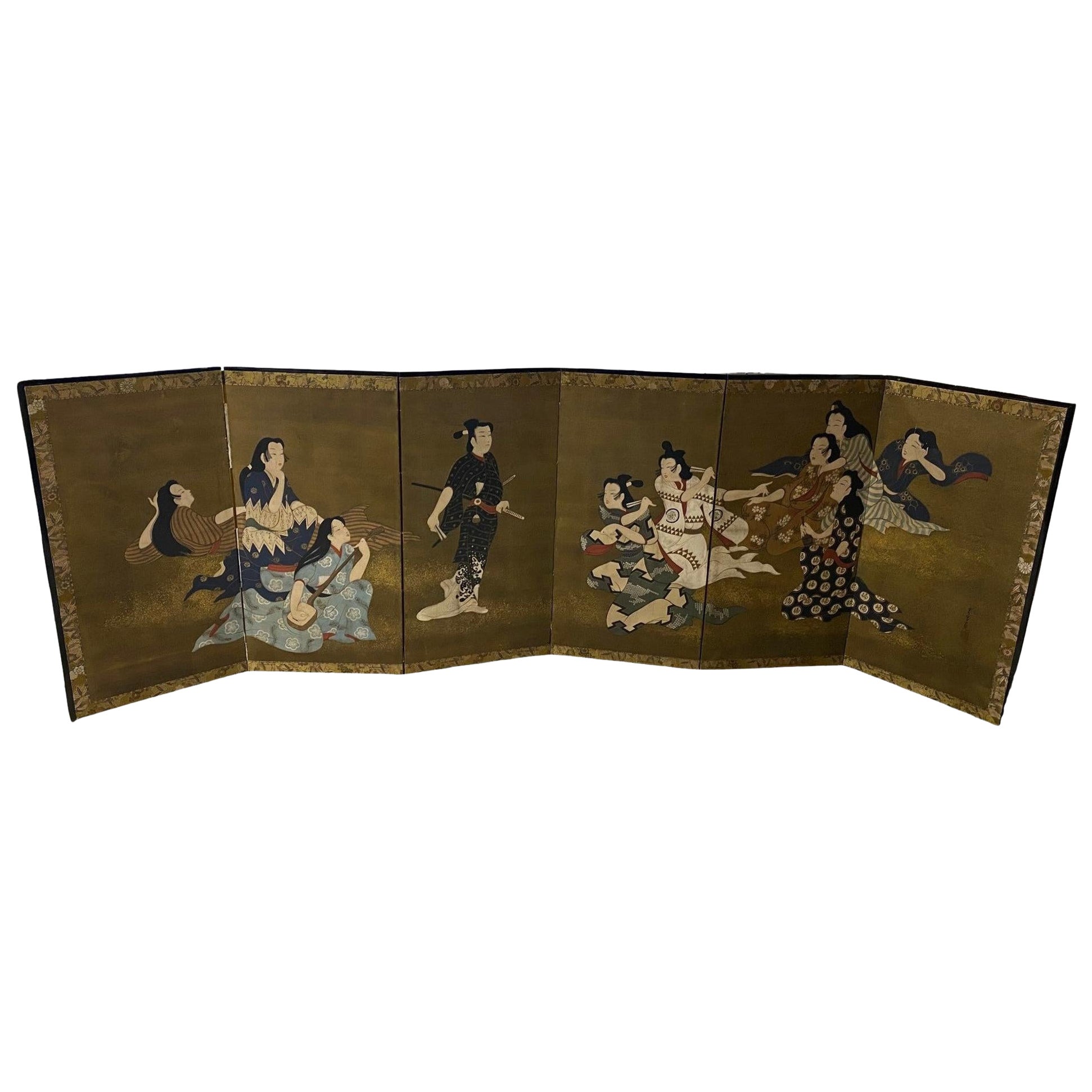 Japanese Asian Signed Six-Panel Folding Byobu Screen of Playful Court Scene