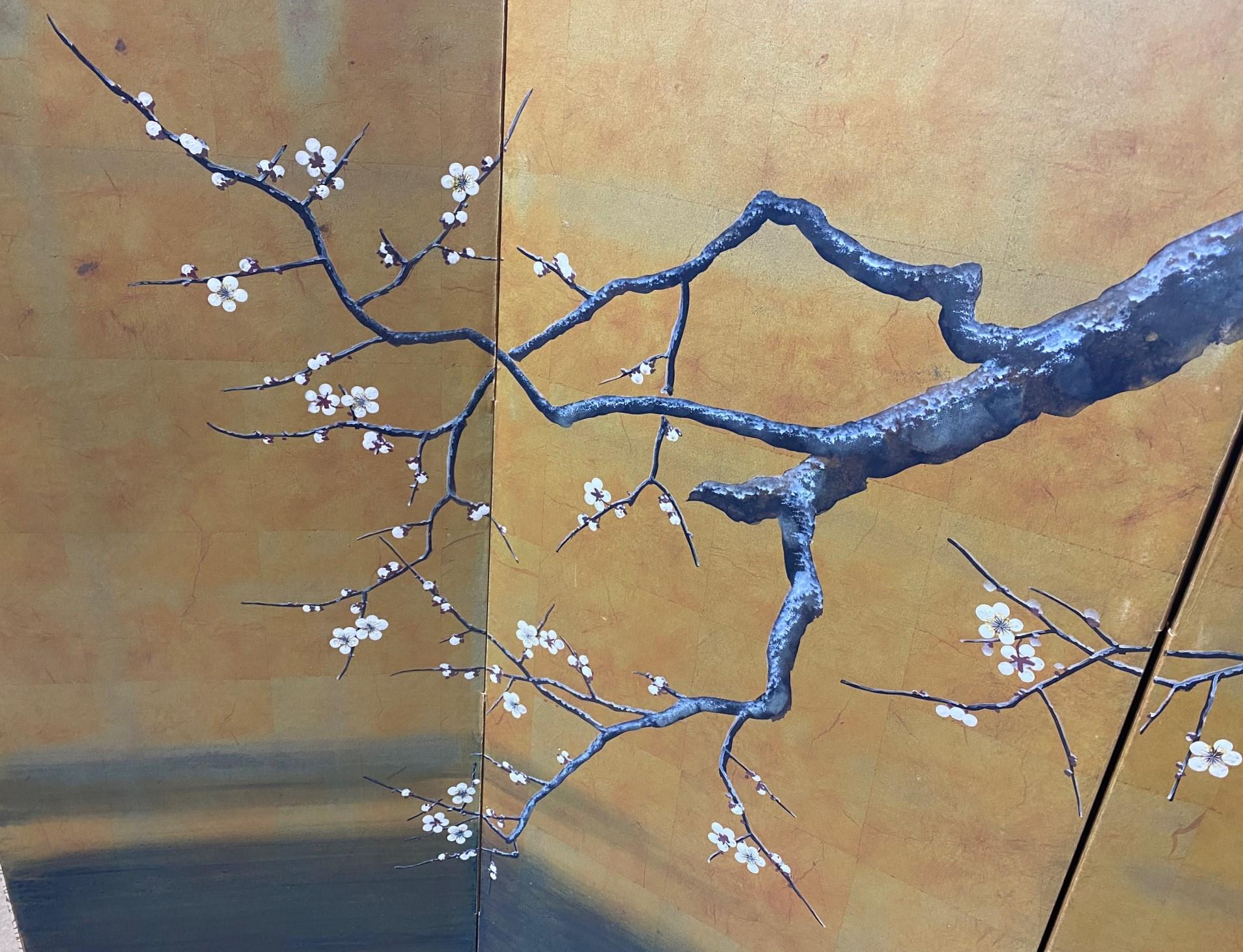 Japanese Asian Signed Six-Panel Folding Byobu Showa Cherry Blossom Tree Screen 2