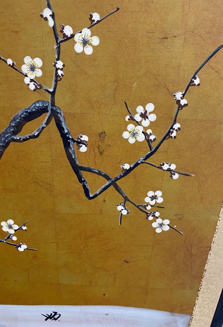 Japanese Asian Signed Six-Panel Folding Byobu Showa Cherry Blossom Tree Screen For Sale 6