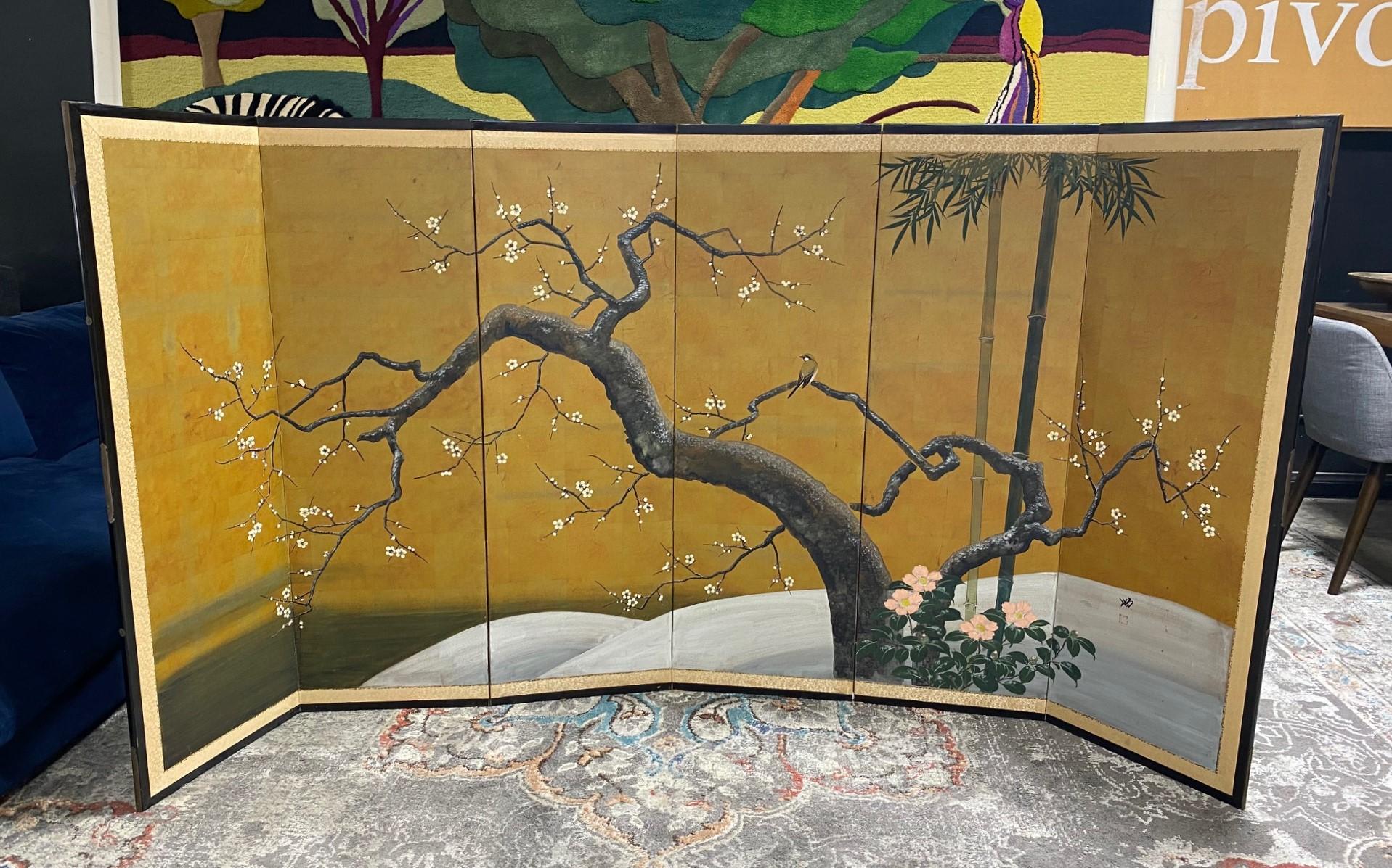 Japanese Asian Signed Six-Panel Folding Byobu Showa Cherry Blossom Tree Screen 9