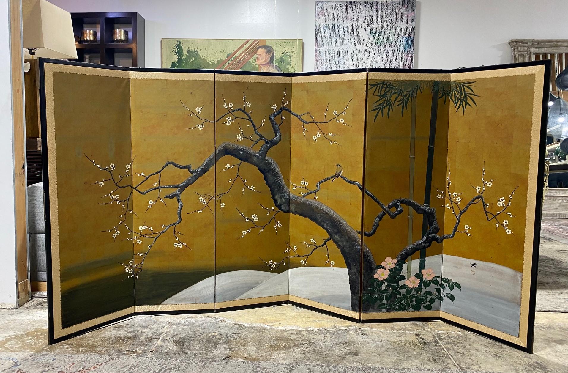 Japanese Asian Signed Six-Panel Folding Byobu Showa Cherry Blossom Tree Screen 10