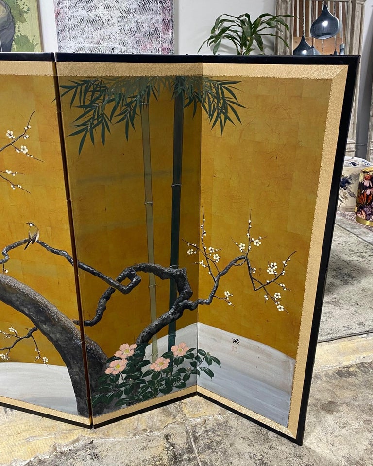 Hand-Painted Japanese Asian Signed Six-Panel Folding Byobu Showa Cherry Blossom Tree Screen For Sale