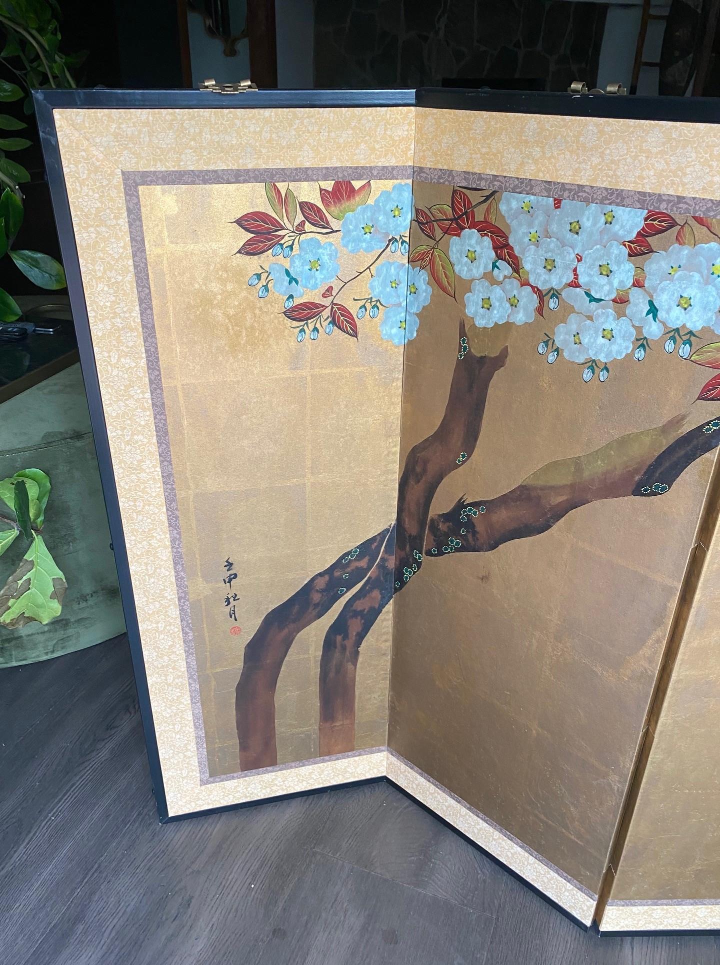 Hand-Painted Japanese Asian Signed Six-Panel Folding Byobu Showa Cherry Blossom Tree Screen