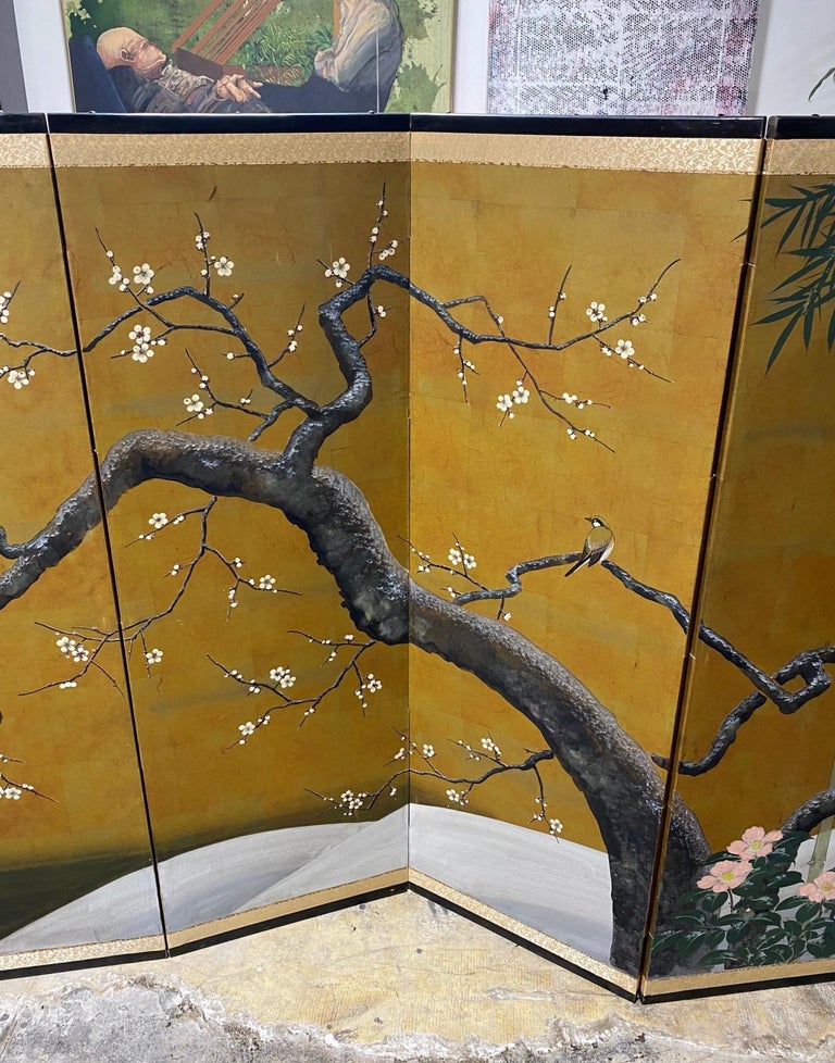 Japanese Asian Signed Six-Panel Folding Byobu Showa Cherry Blossom Tree Screen In Good Condition For Sale In Studio City, CA