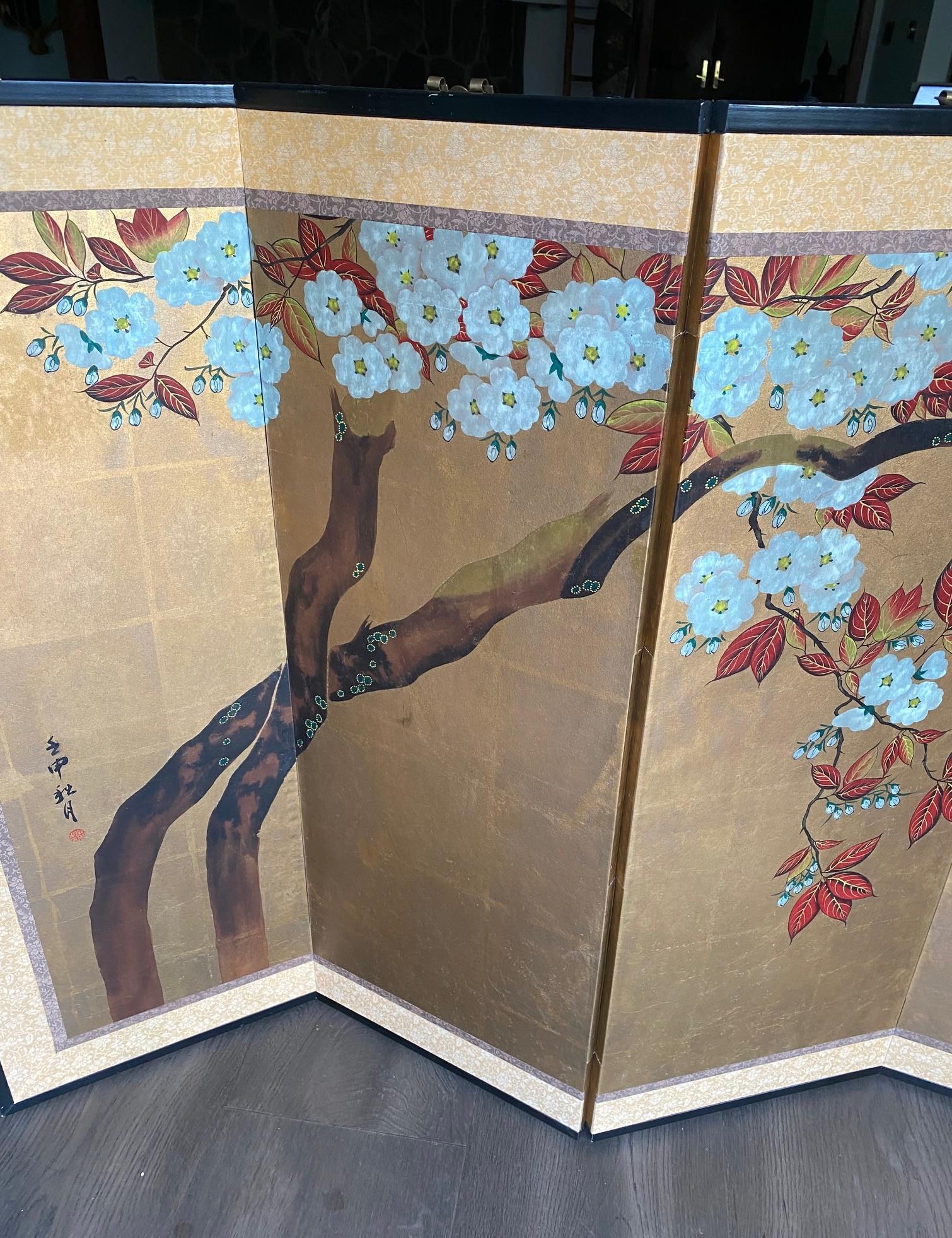 Japanese Asian Signed Six-Panel Folding Byobu Showa Cherry Blossom Tree Screen In Good Condition In Studio City, CA