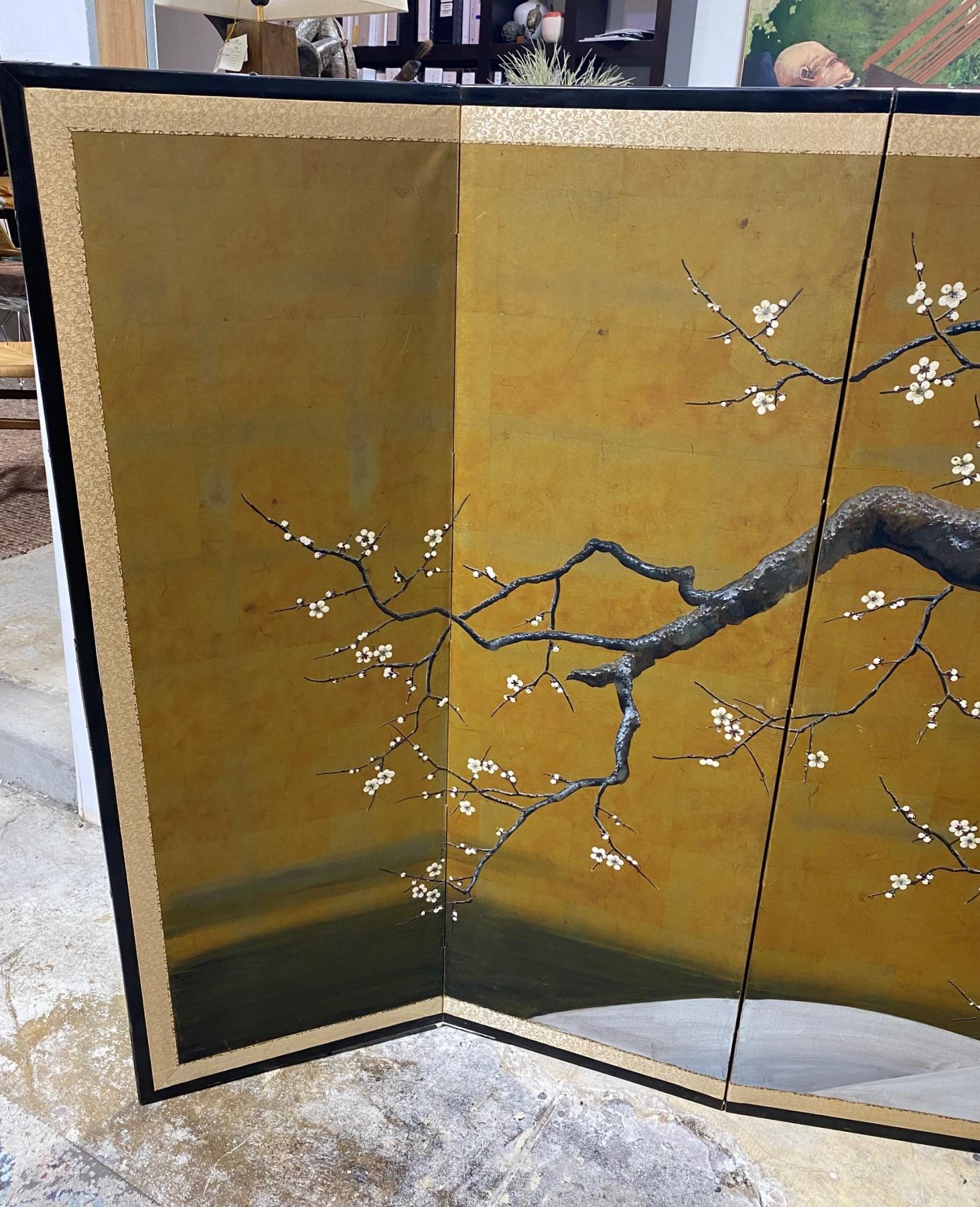 Hand-Painted Japanese Asian Signed Six-Panel Folding Byobu Showa Cherry Blossom Tree Screen