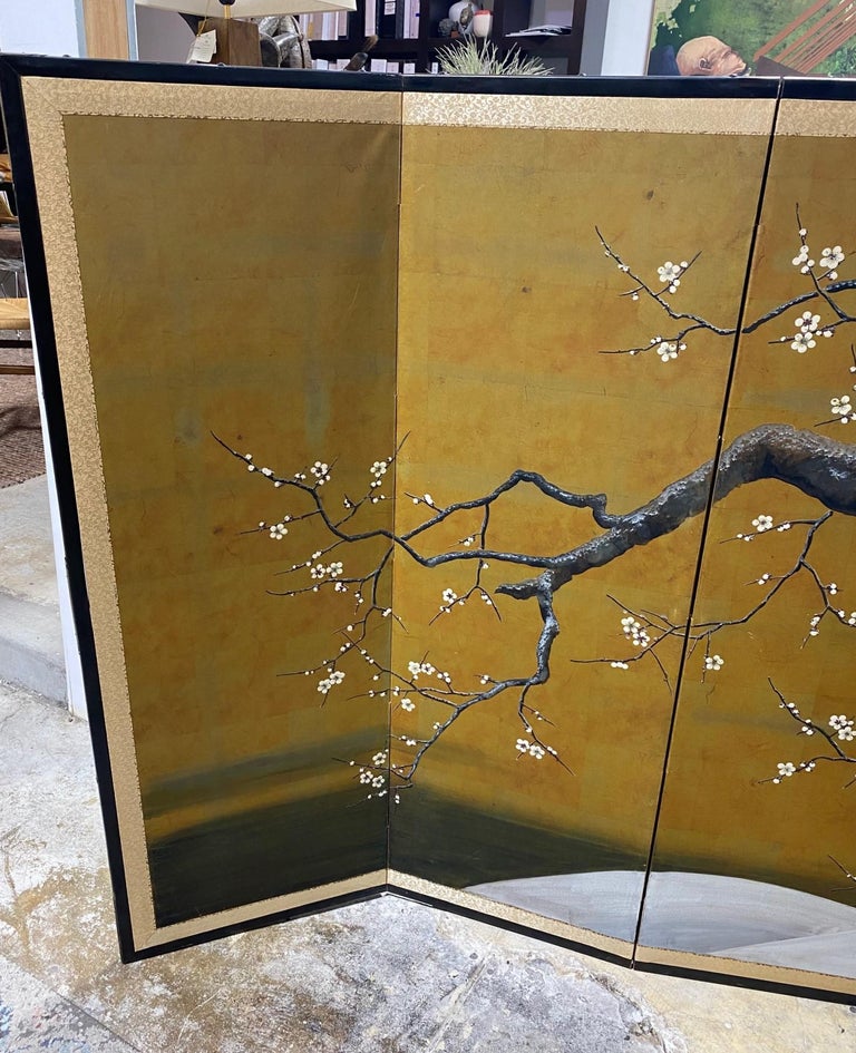 20th Century Japanese Asian Signed Six-Panel Folding Byobu Showa Cherry Blossom Tree Screen For Sale