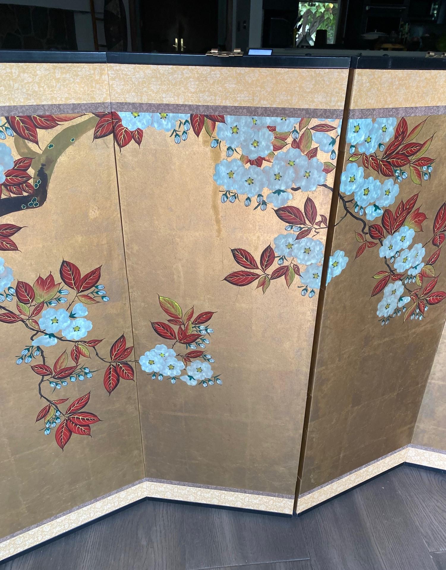 Gold Leaf Japanese Asian Signed Six-Panel Folding Byobu Showa Cherry Blossom Tree Screen