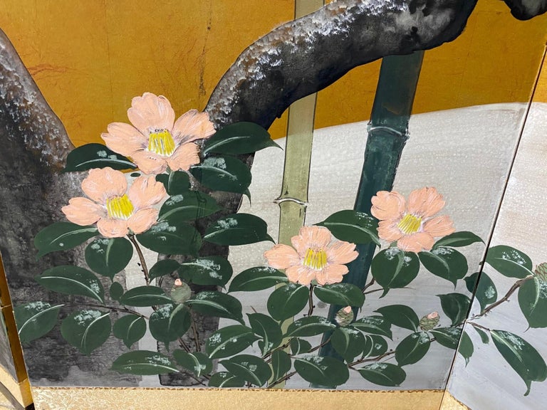 Japanese Asian Signed Six-Panel Folding Byobu Showa Cherry Blossom Tree Screen For Sale 1