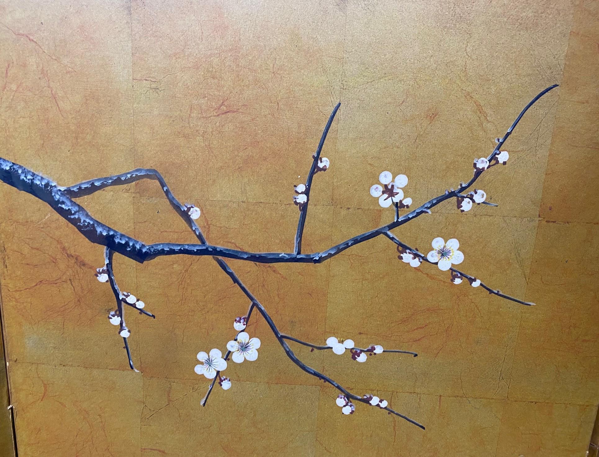 Gold Leaf Japanese Asian Signed Six-Panel Folding Byobu Showa Cherry Blossom Tree Screen