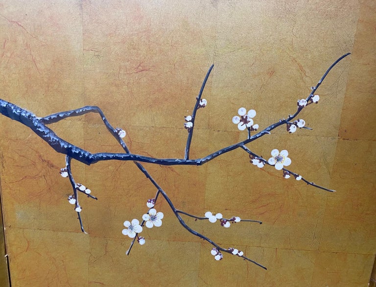 Japanese Asian Signed Six-Panel Folding Byobu Showa Cherry Blossom Tree Screen For Sale 2