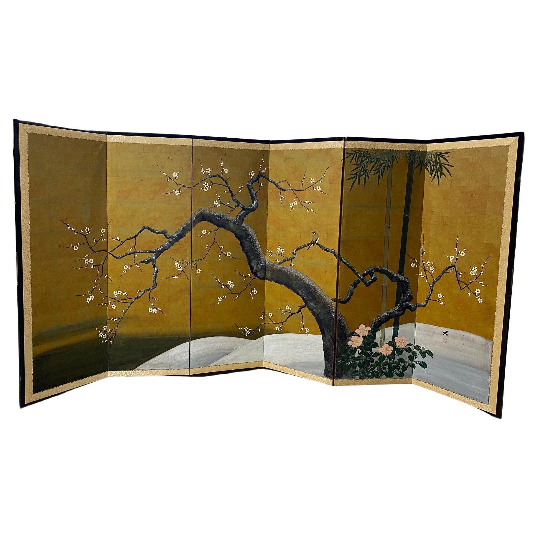 Exceptionally Large Japanese Screen with Pine Tree and Peonies For Sale