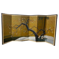 Japanese Asian Signed Six-Panel Folding Byobu Showa Cherry Blossom Tree Screen
