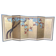 Japanese Asian Signed Six-Panel Folding Byobu Showa Cherry Blossom Tree Screen