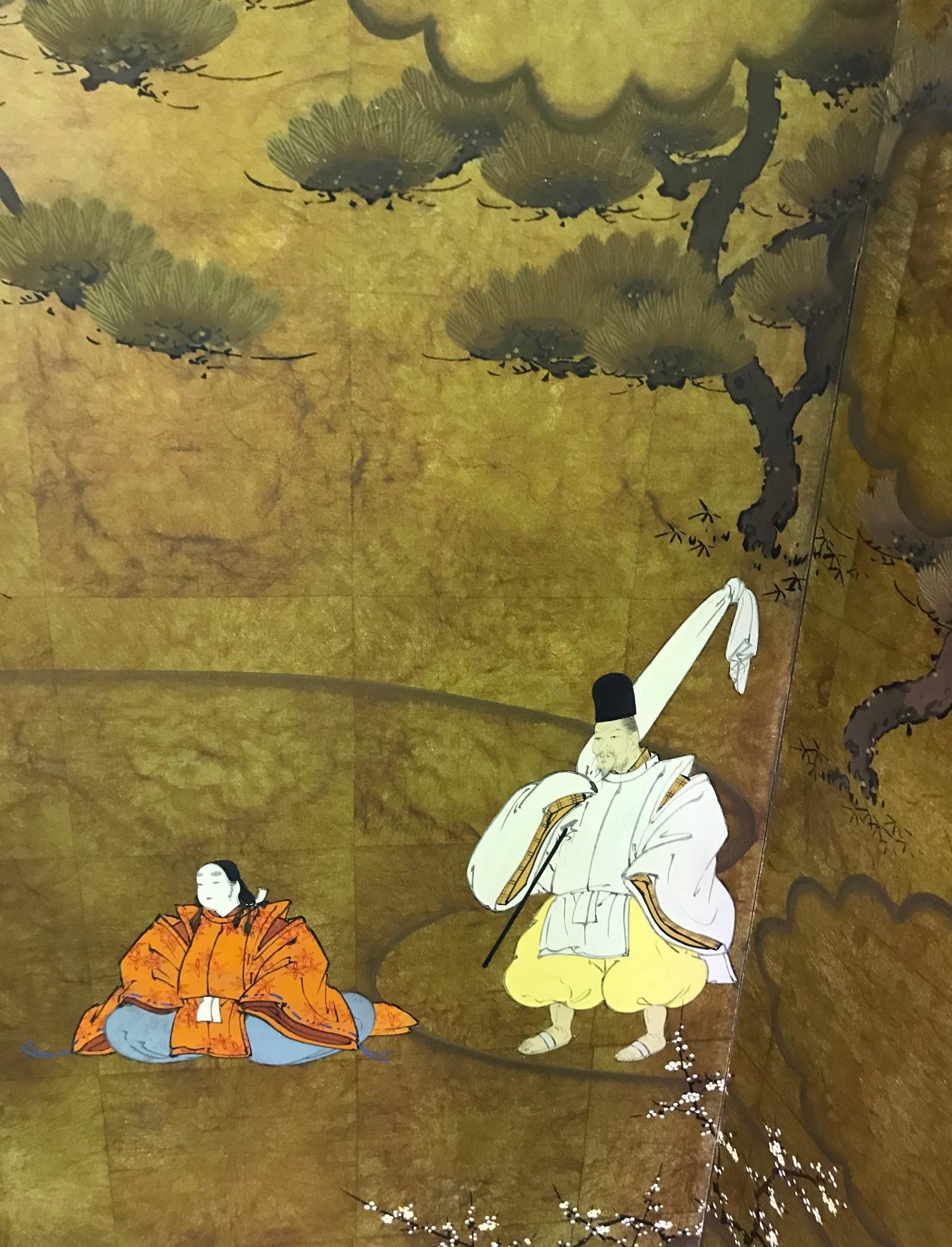 Hand-Painted Japanese Asian Signed Six-Panel Folding Byobu Showa Screen Tales of the Genji