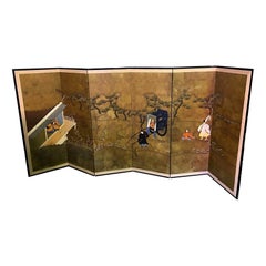 Japanese Asian Signed Six-Panel Folding Byobu Showa Screen Tales of the Genji