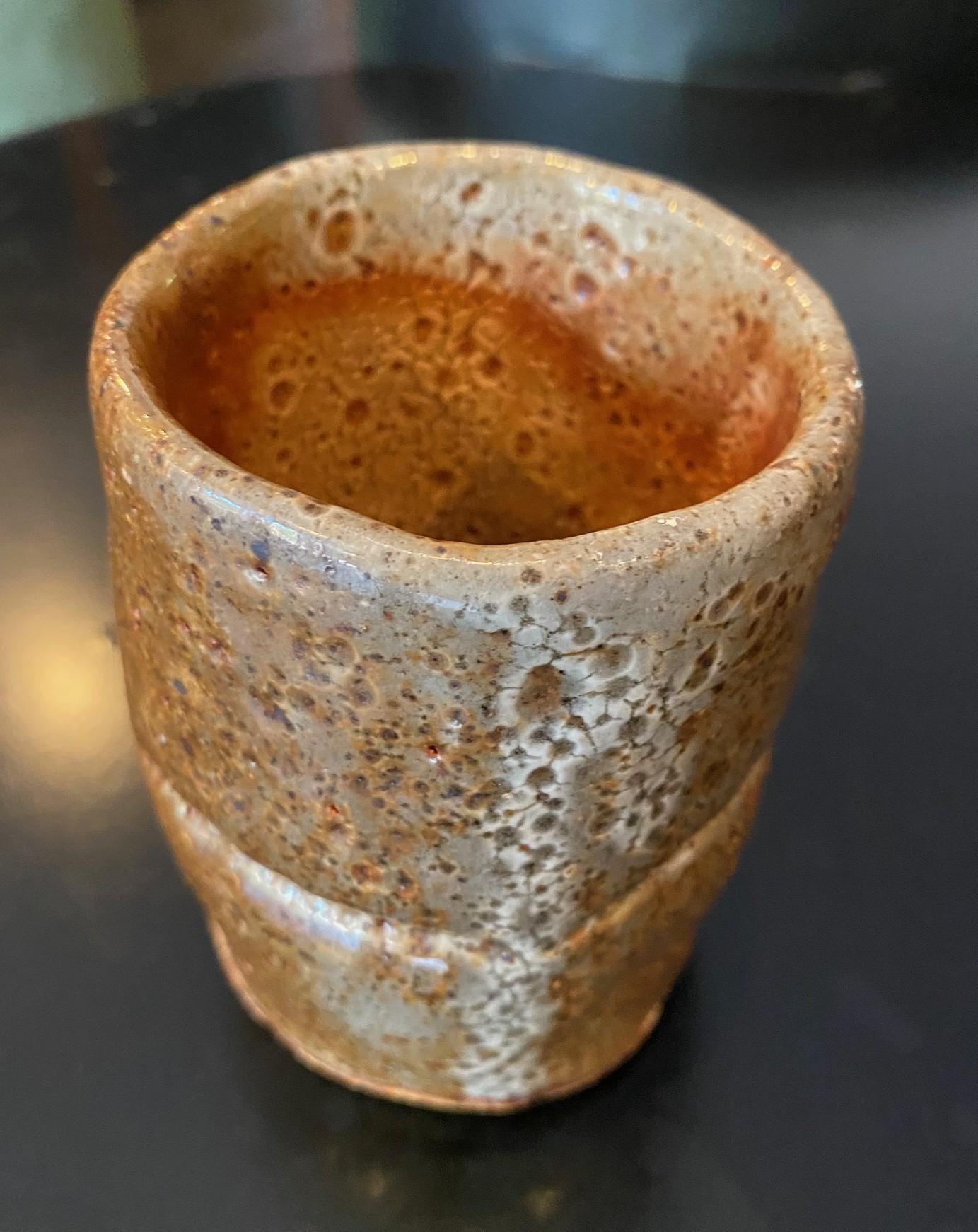 Earthenware Japanese Asian Signed Studio Pottery Wabi-Sabi Ceramic Glazed Chawan Tea Cup For Sale