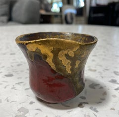 Japanese Asian Signed Studio Pottery Wabi-Sabi Red & Gold Glazed Yunomi Teacup