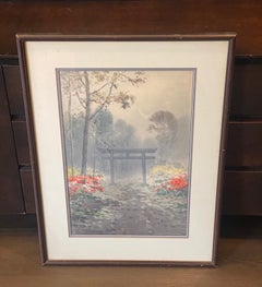 Japanese Asian Signed Torri Gate Forest Landscape Original Watercolor Painting