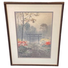 Japanese Asian Signed Torri Gate Forest Landscape Original Watercolor Painting