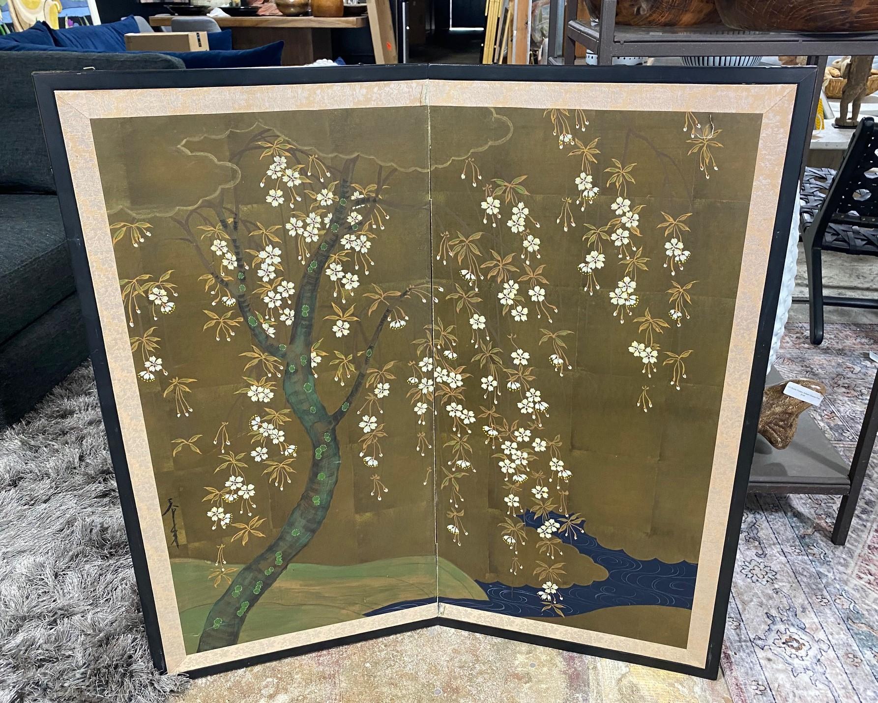 Japanese Asian Signed Two-Panel Folding Byobu Screen Blossoming Floral Tree 7