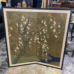 Japanese Asian Signed Two-Panel Folding Byobu Screen Blossoming Floral Tree