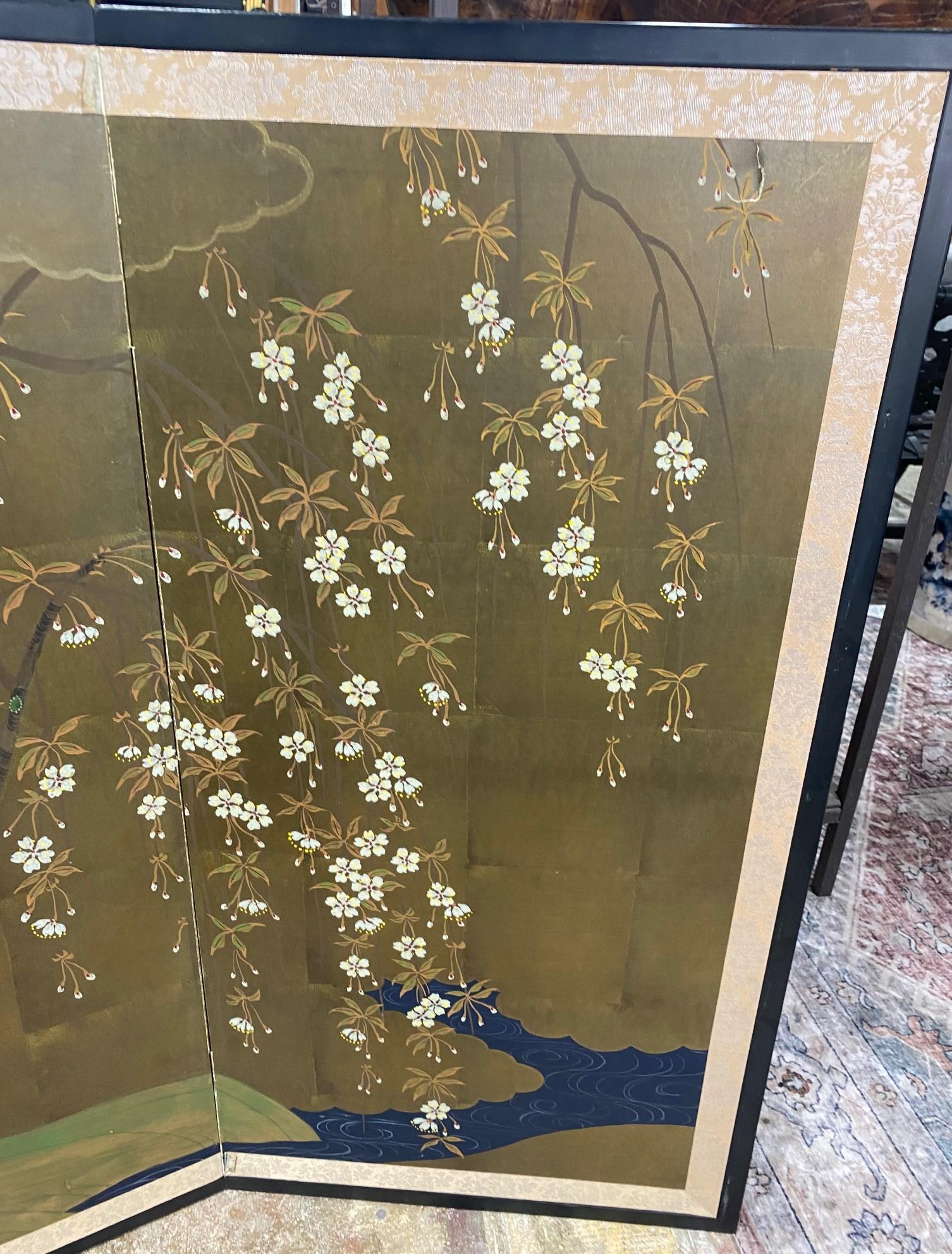 Showa Japanese Asian Signed Two-Panel Folding Byobu Screen Blossoming Floral Tree