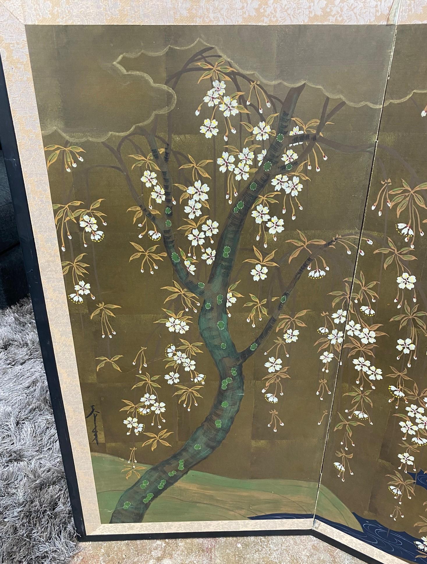 Hand-Painted Japanese Asian Signed Two-Panel Folding Byobu Screen Blossoming Floral Tree