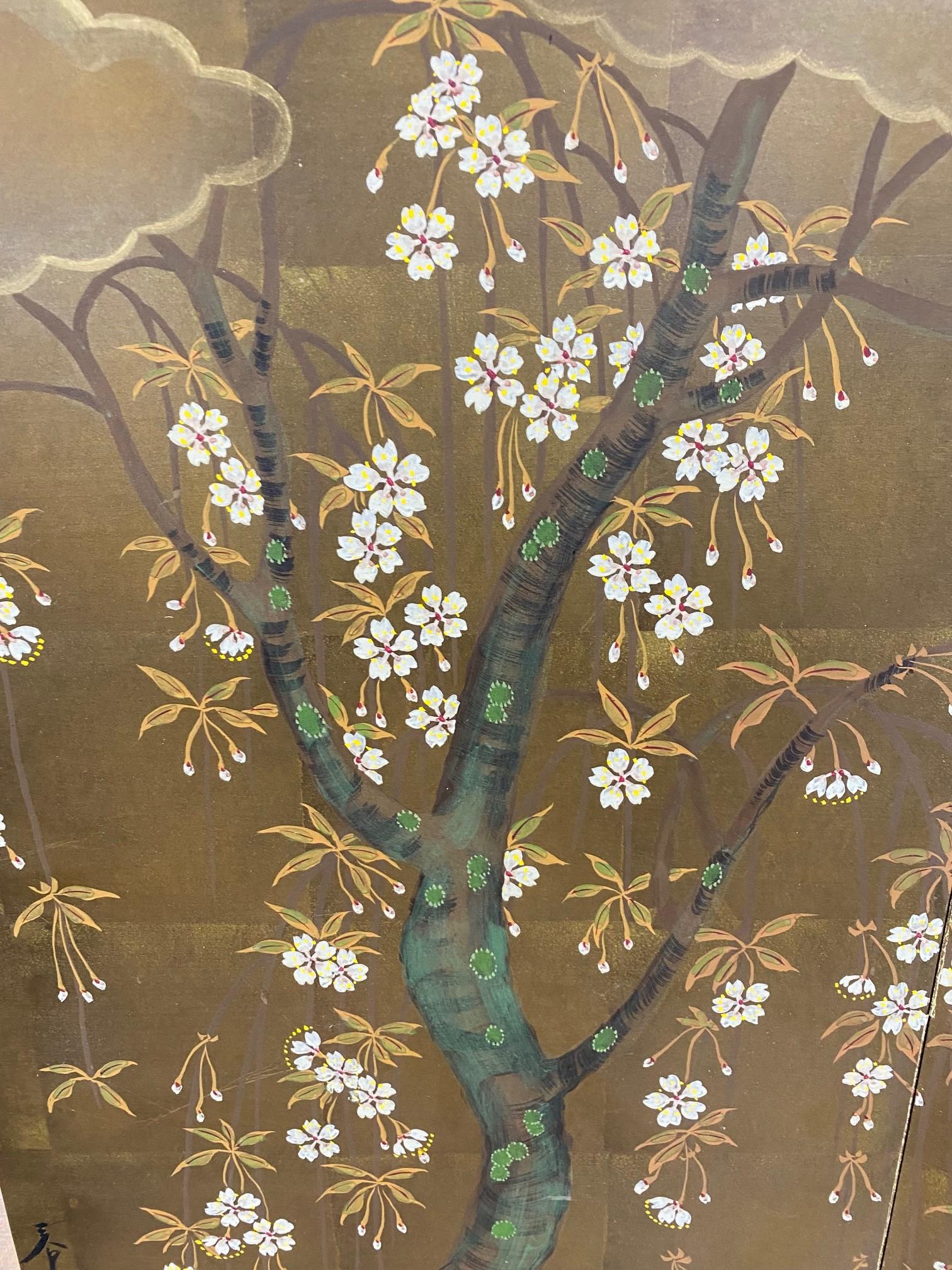 Japanese Asian Signed Two-Panel Folding Byobu Screen Blossoming Floral Tree In Good Condition In Studio City, CA