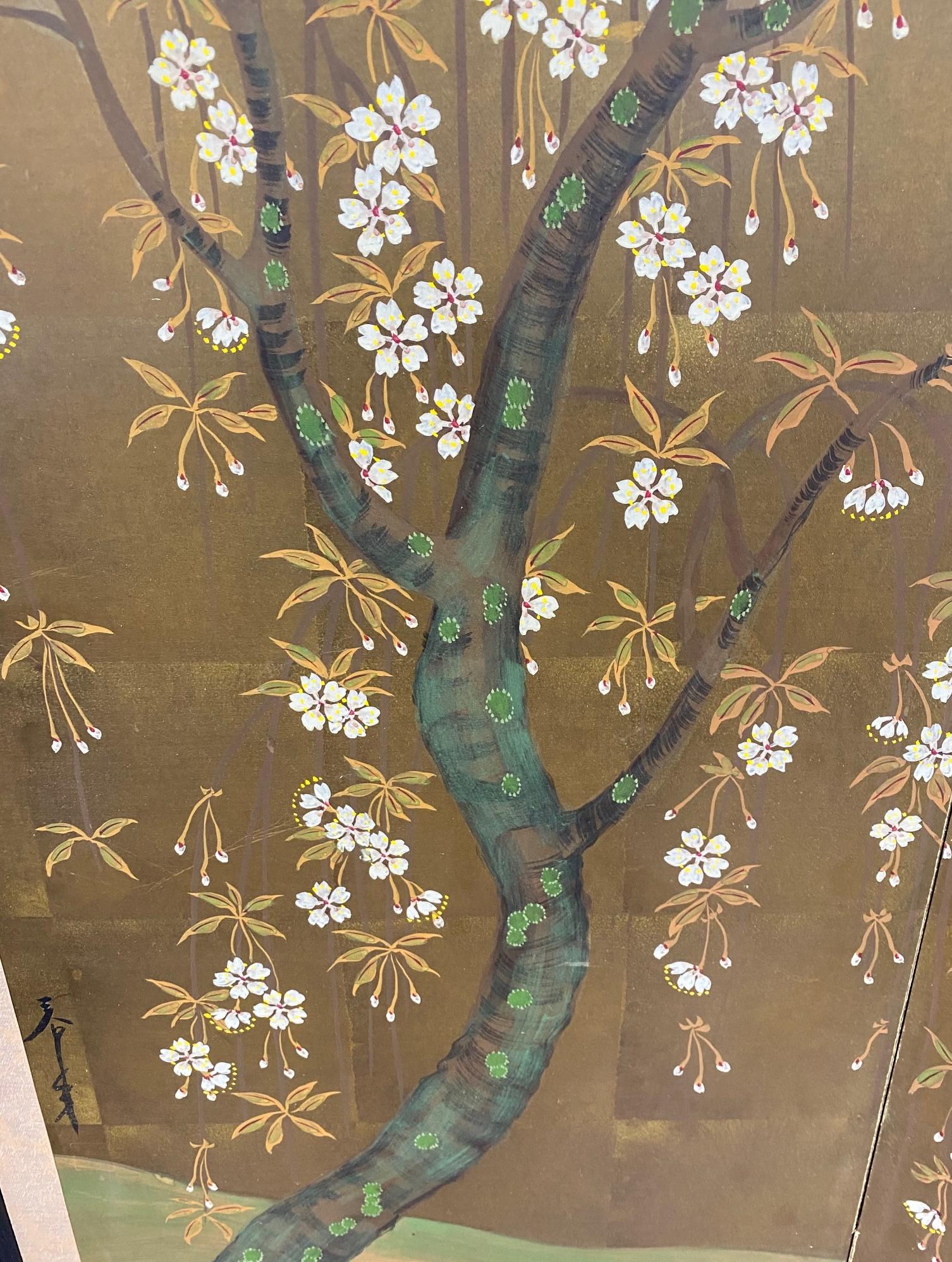 20th Century Japanese Asian Signed Two-Panel Folding Byobu Screen Blossoming Floral Tree