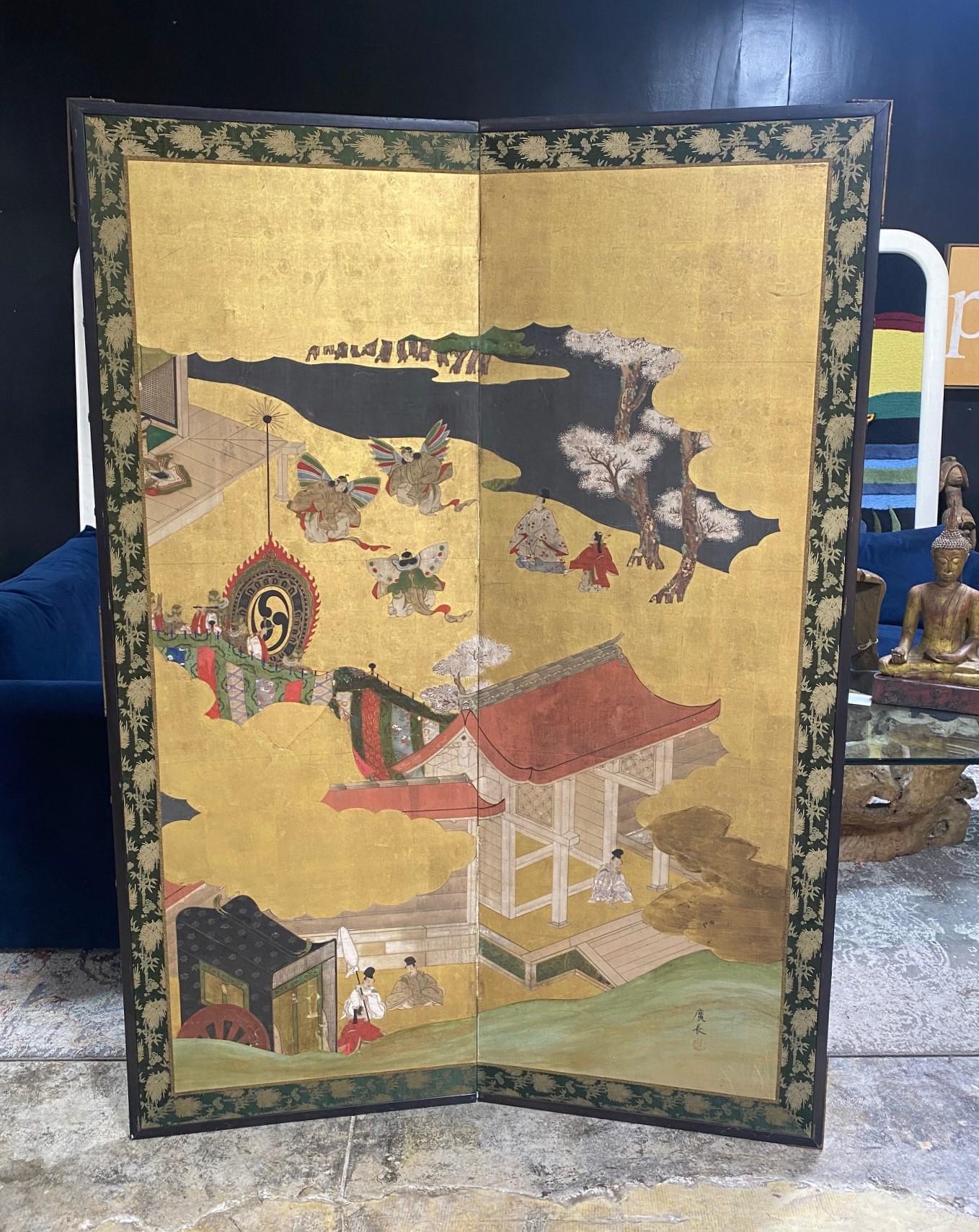 A gorgeous, tall two-panel Japanese Byobu folding screen depicting scenes from the Classic Japanese 11th-century literary work 