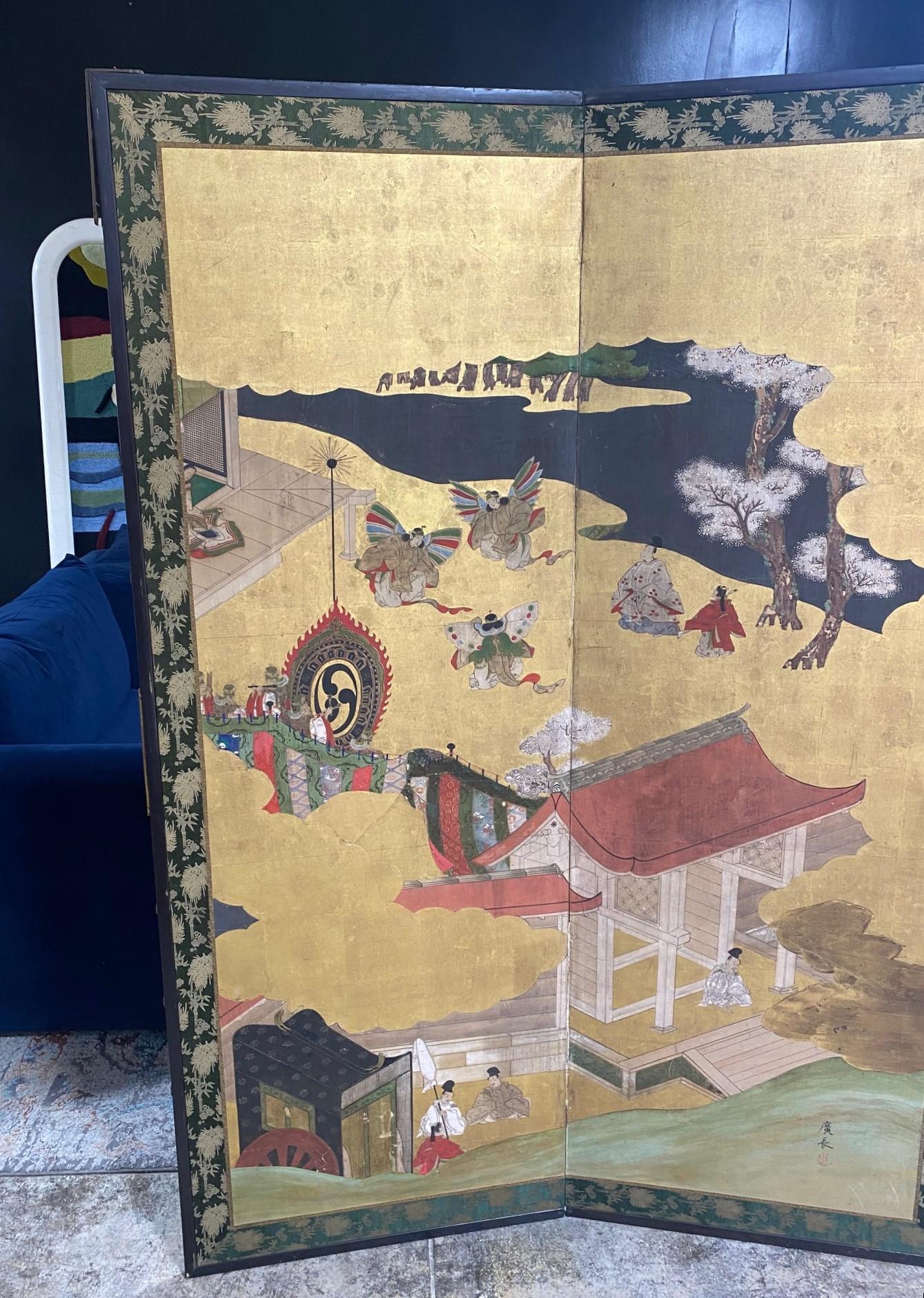 Hand-Crafted Japanese Asian Signed Two-Panel Folding Byobu Showa Screen Tales of the Genji For Sale