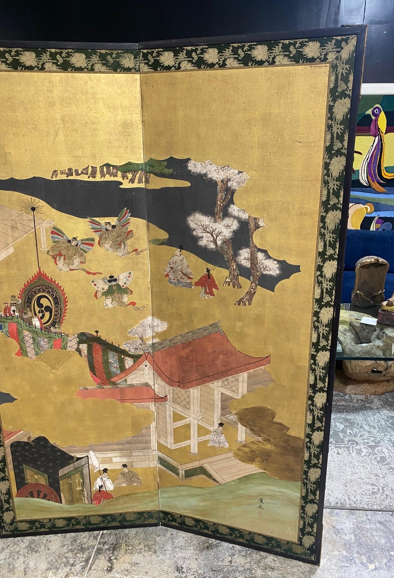 Japanese Asian Signed Two-Panel Folding Byobu Showa Screen Tales of the Genji In Good Condition For Sale In Studio City, CA